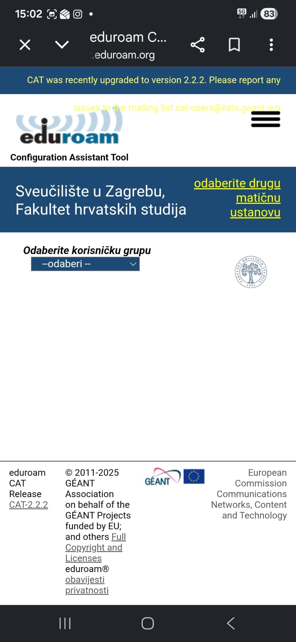 Odabir korisničke grupe na Android uređaju